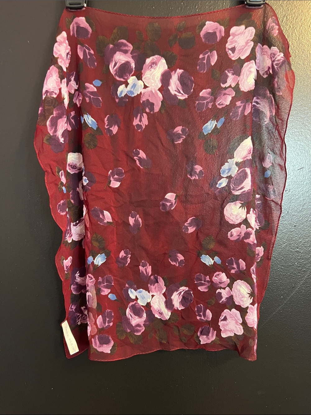 Anne Klein Pure Silk Burgundy Scarf with Pink and Purple Floral Print